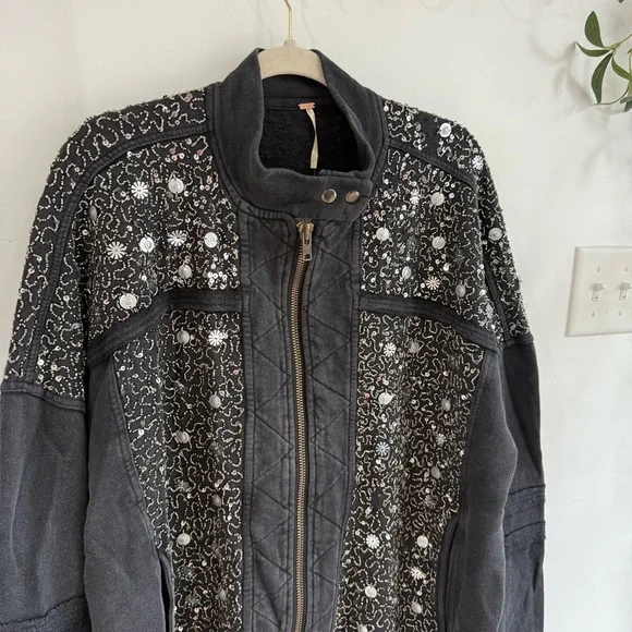 Free People Sparkle Front Zip Sweatshirt Jacket Black - Picture 5 of 9